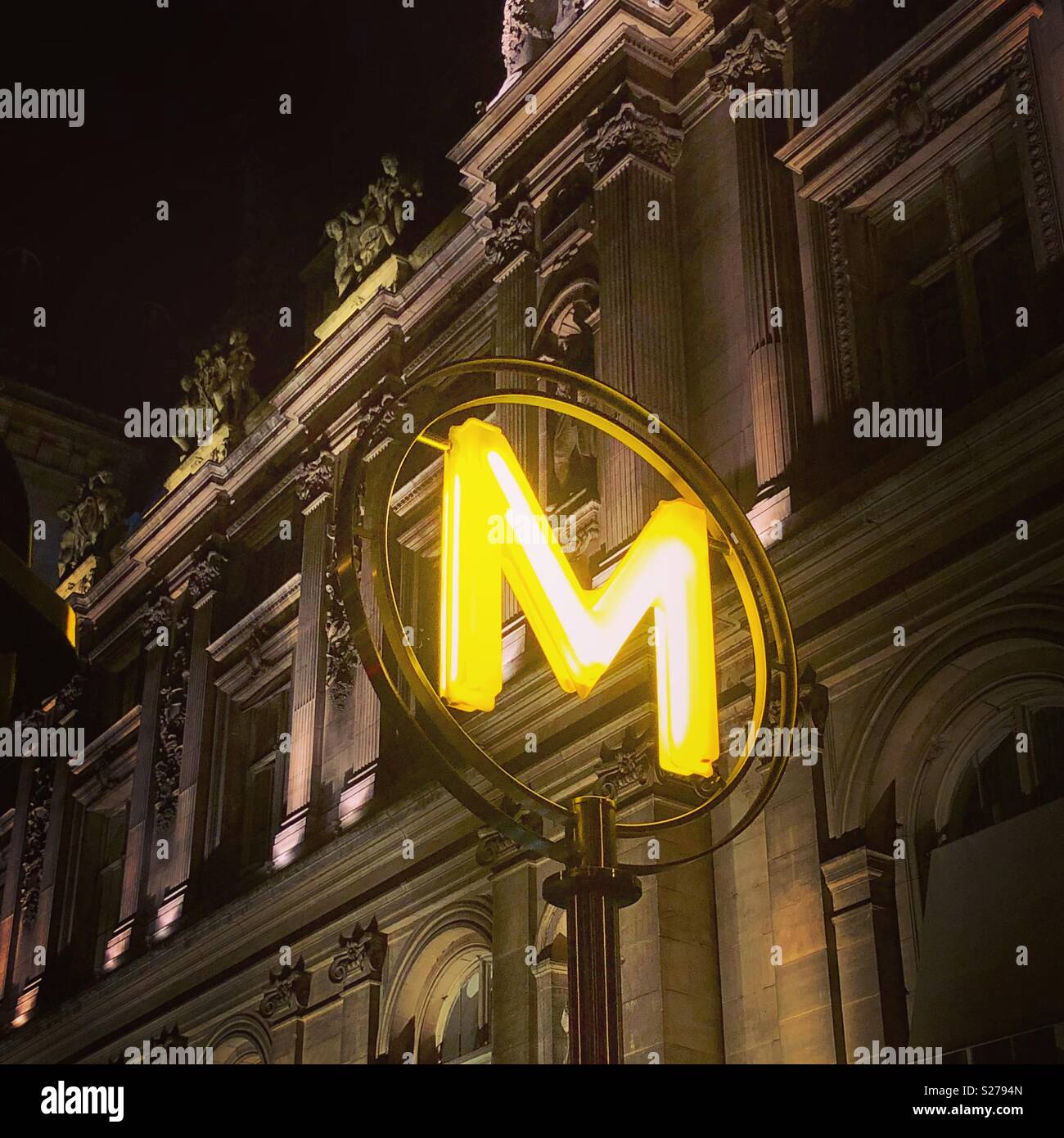 Neon sign of Metro station, paris, IDF, France - Smartphone Captured Stock Image
