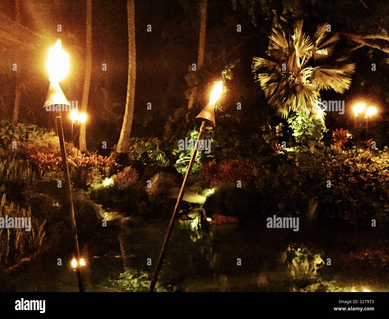 Tropical paradise Hawaiian luau in palm tree lined garden with tiki torches - Smartphone Captured Stock Image
