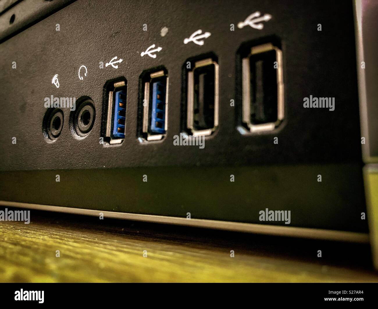 Computer with usb, audio and mic connection on the front - Smartphone Captured Stock Image