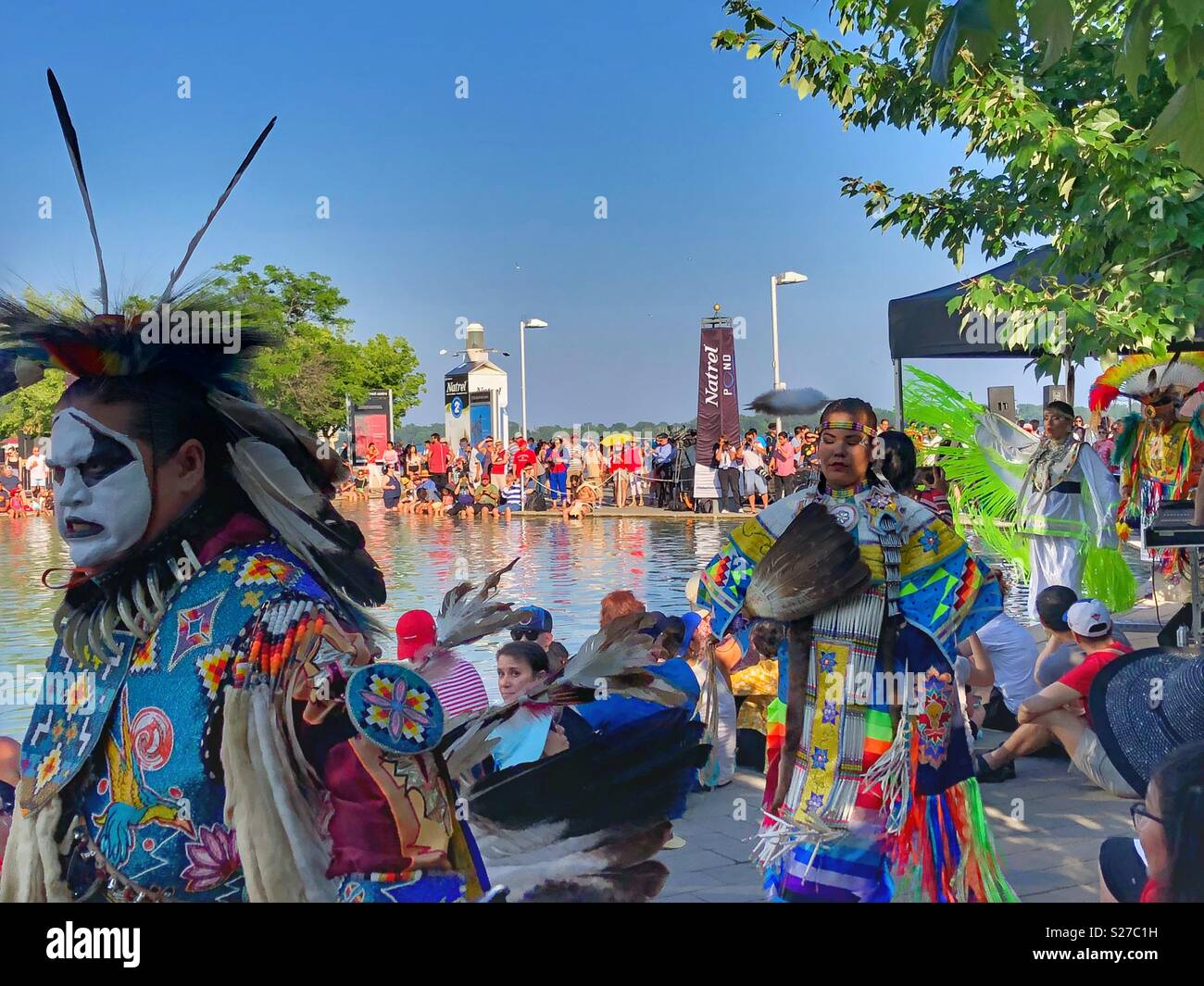 Indigenous dancers take part in the Canada Day celebrations at Harbourfront Centre in Toronto. - Smartphone Captured Stock Image