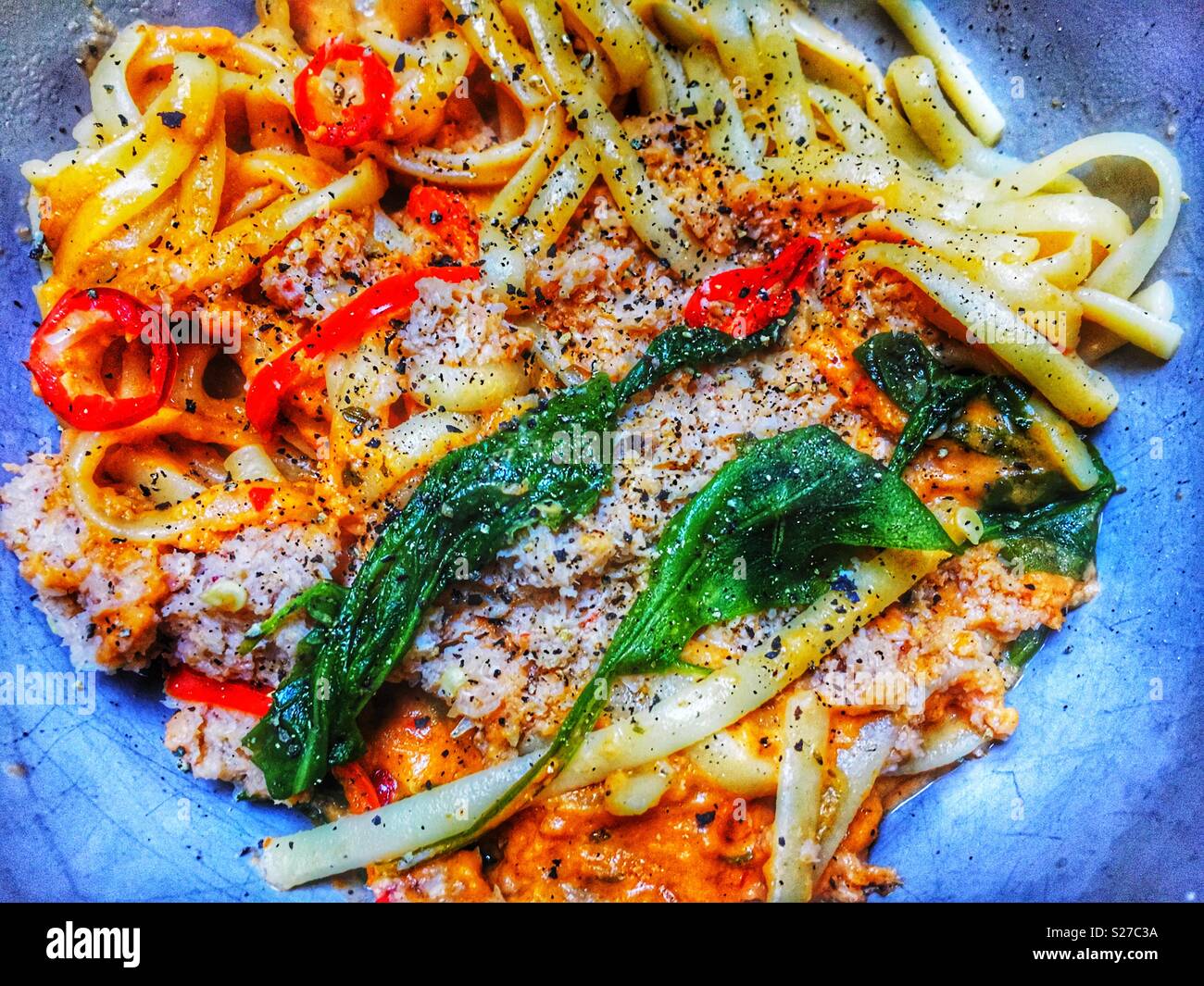 Tesco finest crab, Rocket and chilli Linguine ready meal Stock Photo