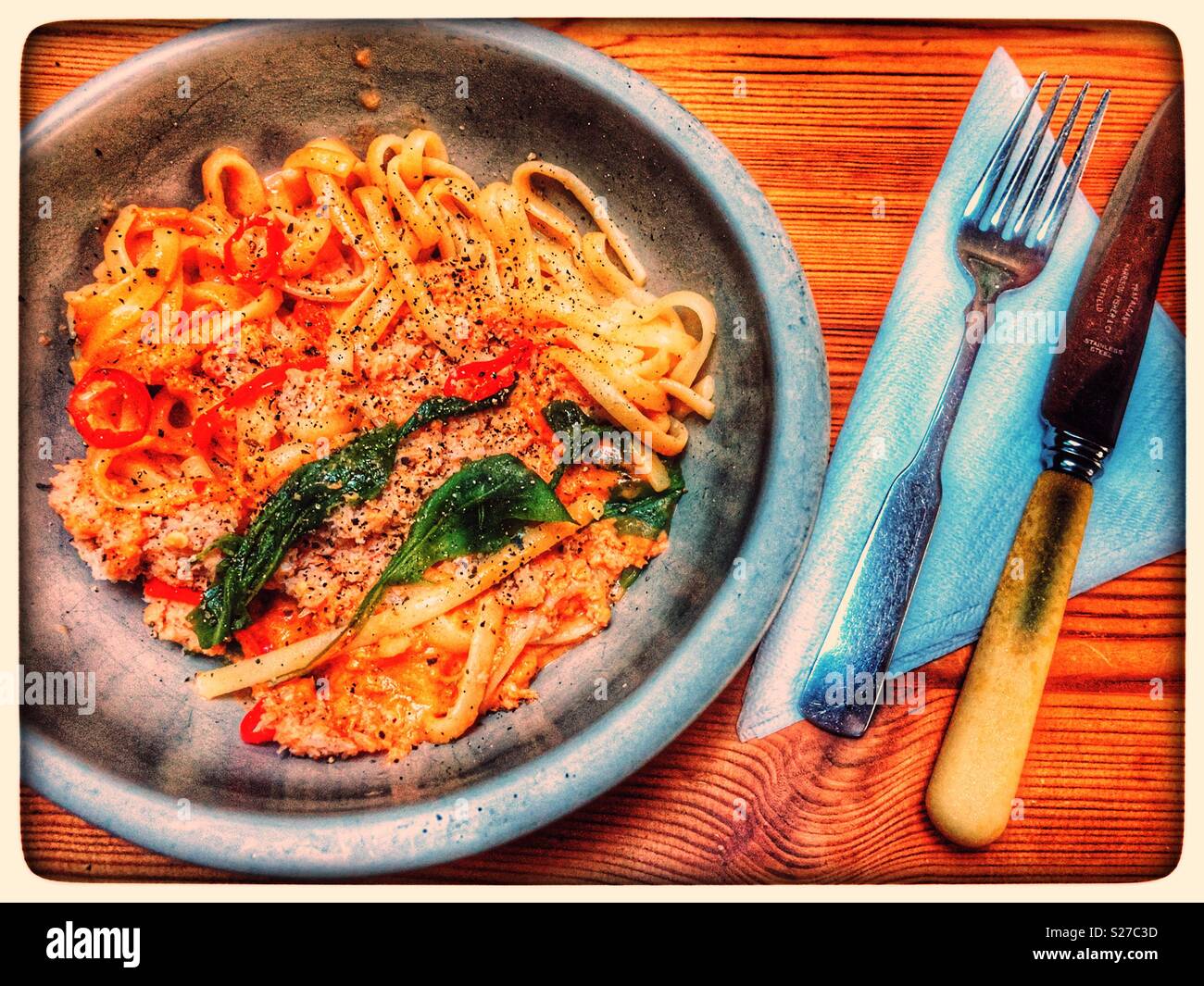 Tesco finest crab, rocket and chilli Linguine - Smartphone Captured Stock Image