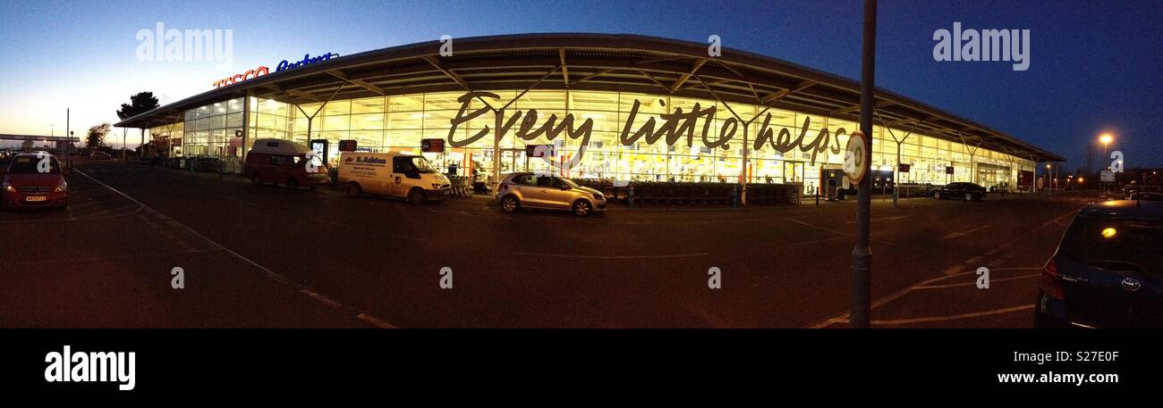 Panoramic view of Tescos Extra at Ryde on the Isle of Wight, UK, showing the logo 'Every Little Helps'. Stock Photo