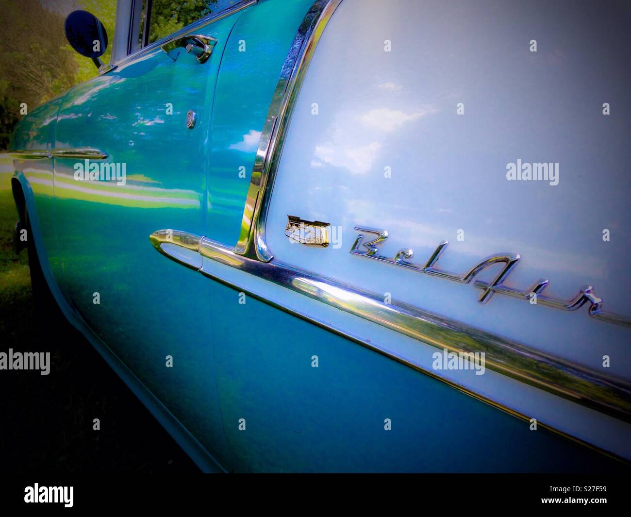 Dreamy photo of side panel on vintage Chevy Bel Aire Stock Photo
