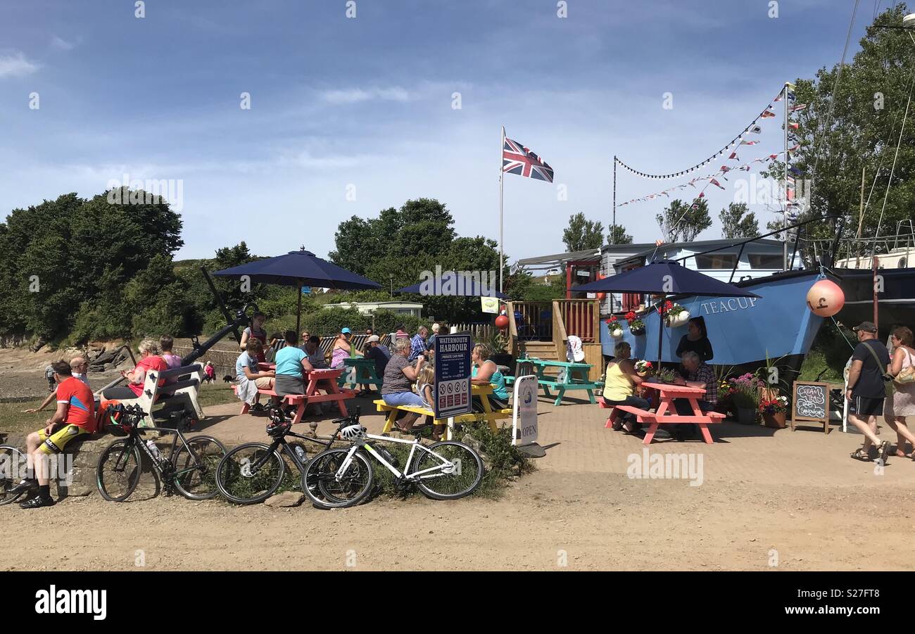 The Teacup, unique boat cafe at Watermouth harbour, Devon Stock Photo