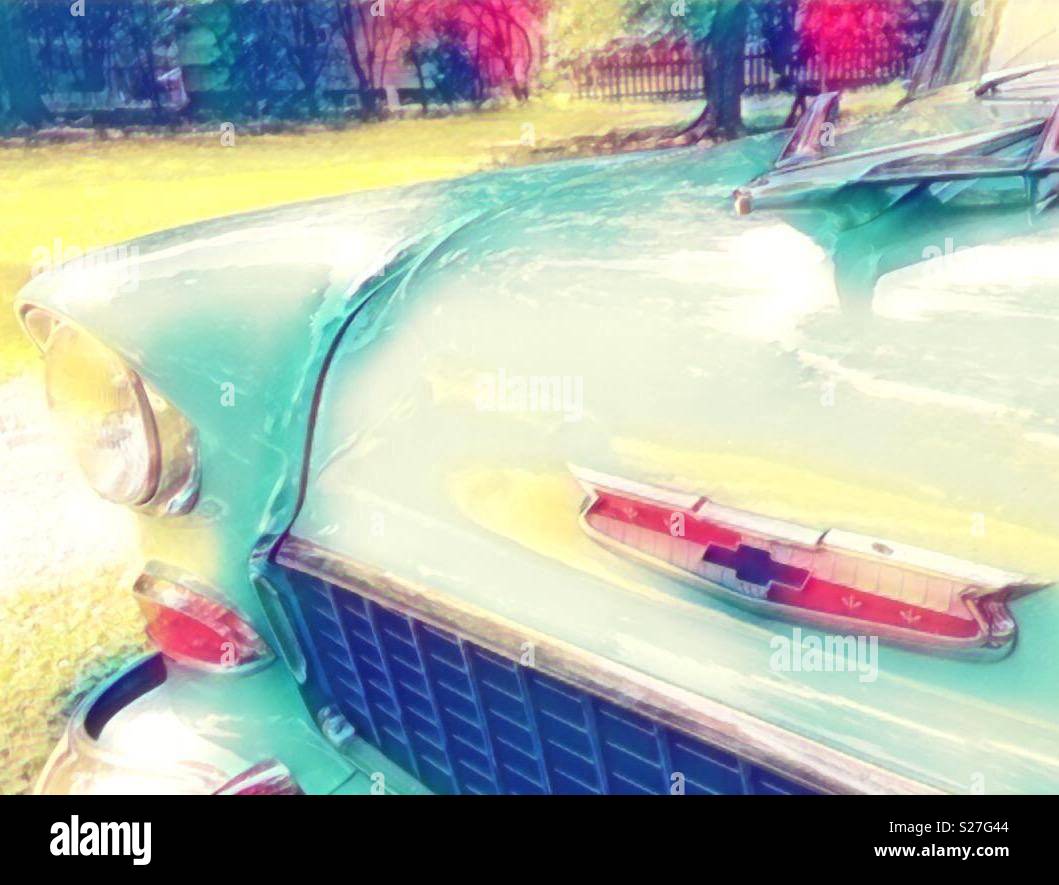 Ethereal effect on photo of vintage Chevy Bel Aire grill, logo, and hood ornament Stock Photo