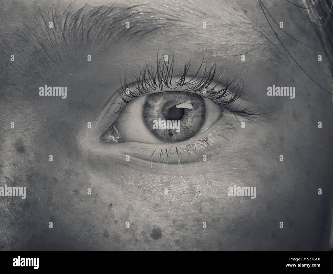 I’m looking at you! A child’s eye looks straight at the viewer. Are those eyelashes quite long?! Photo Credit - © COLIN HOSKINS. - Smartphone Captured Stock Image