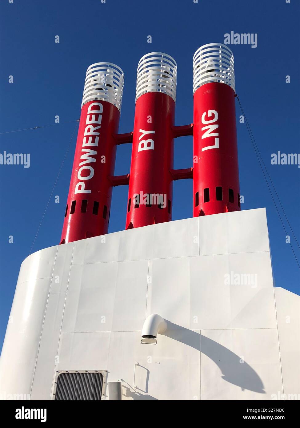 Smoke stack powered by LNG on ferry from Norway to Denmark Stock Photo