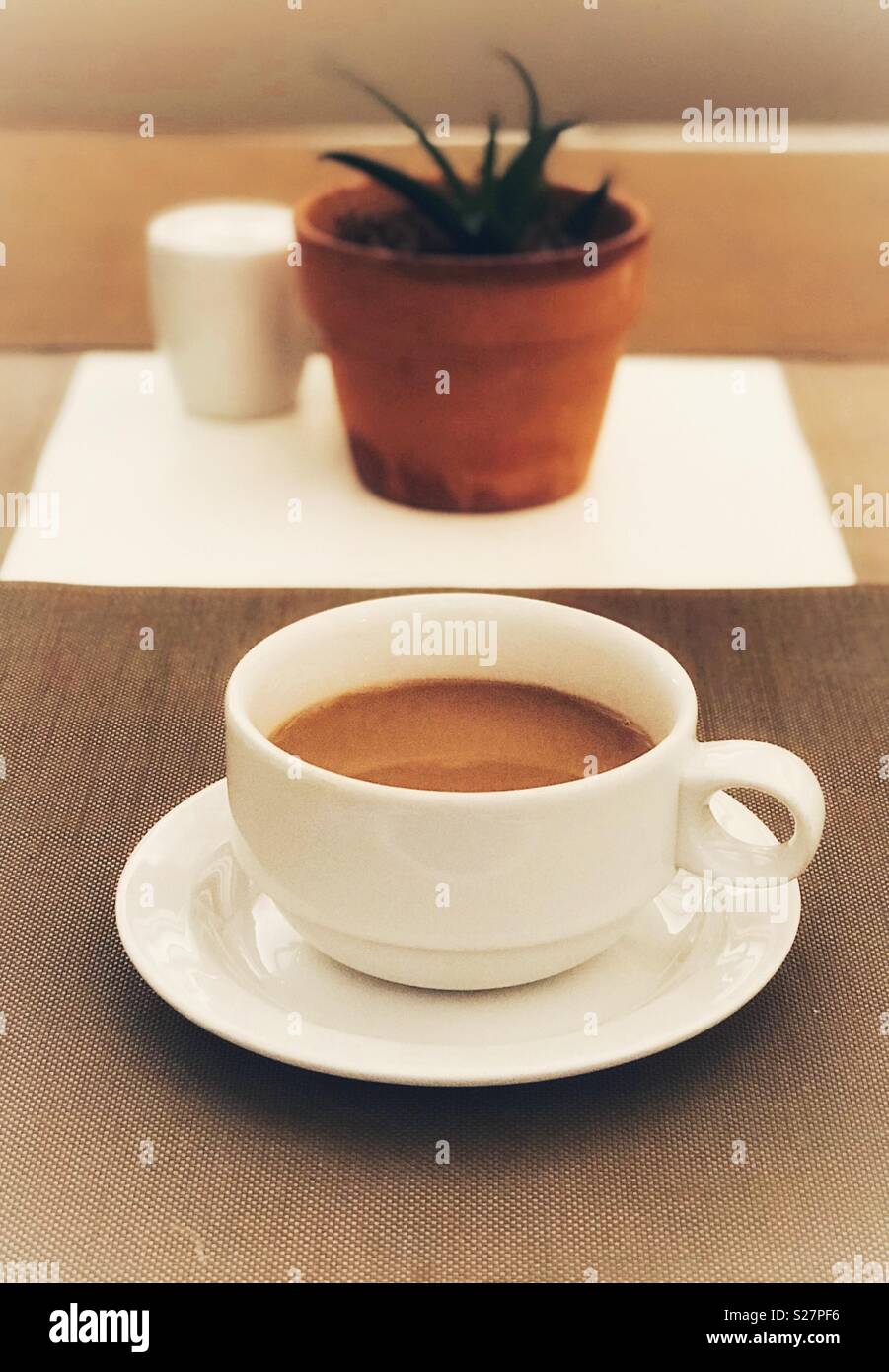 Cup of coffee on a table with basic plant decoration. - Smartphone Captured Stock Image