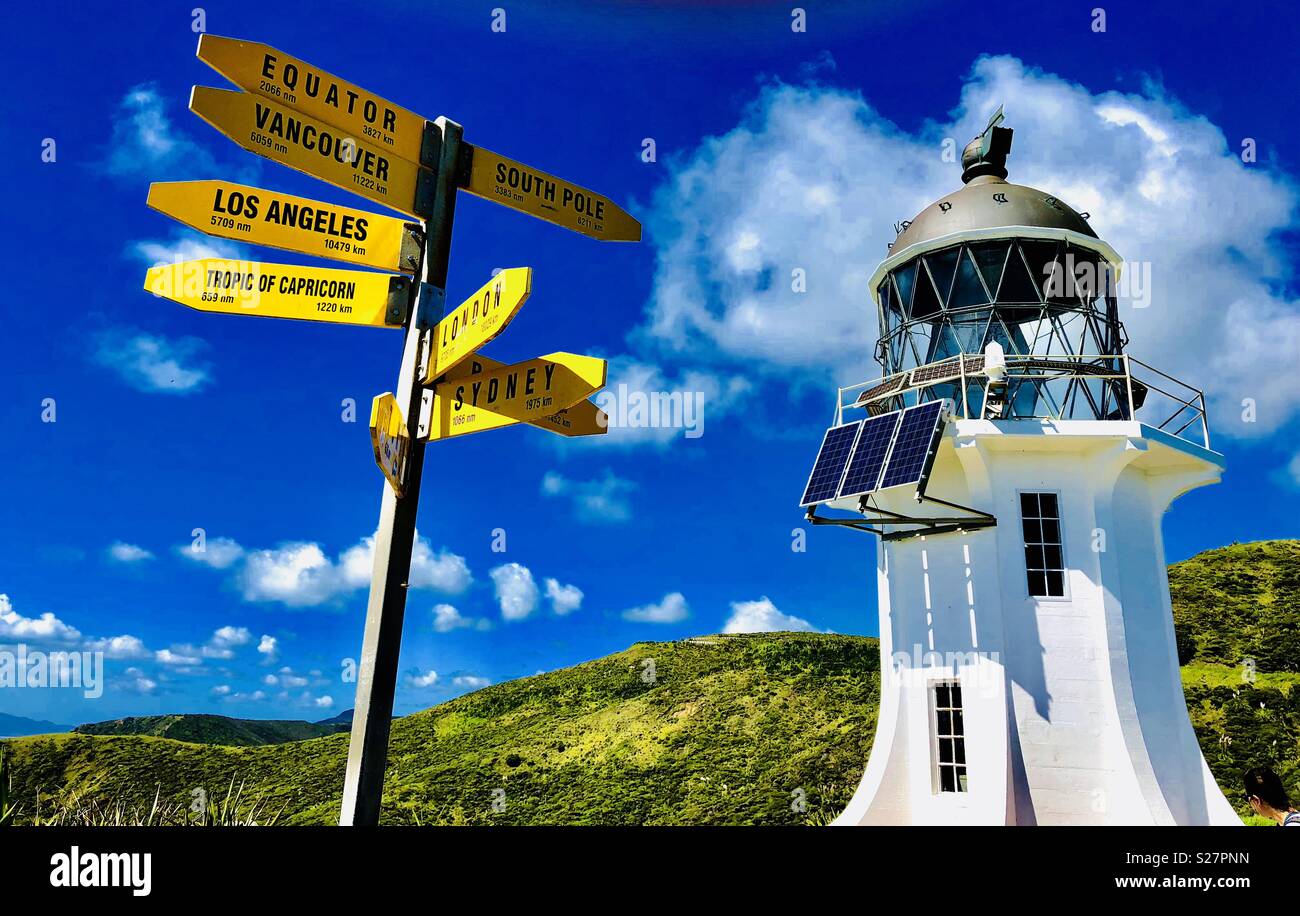 Light House and Road Sign at Cape Reinga, Te Rerenga Wairua, the northwesternmost Point of the Aupouri Peninsula, at the northern end of North Island , New Zealand, Oceania - Smartphone Captured Stock Image