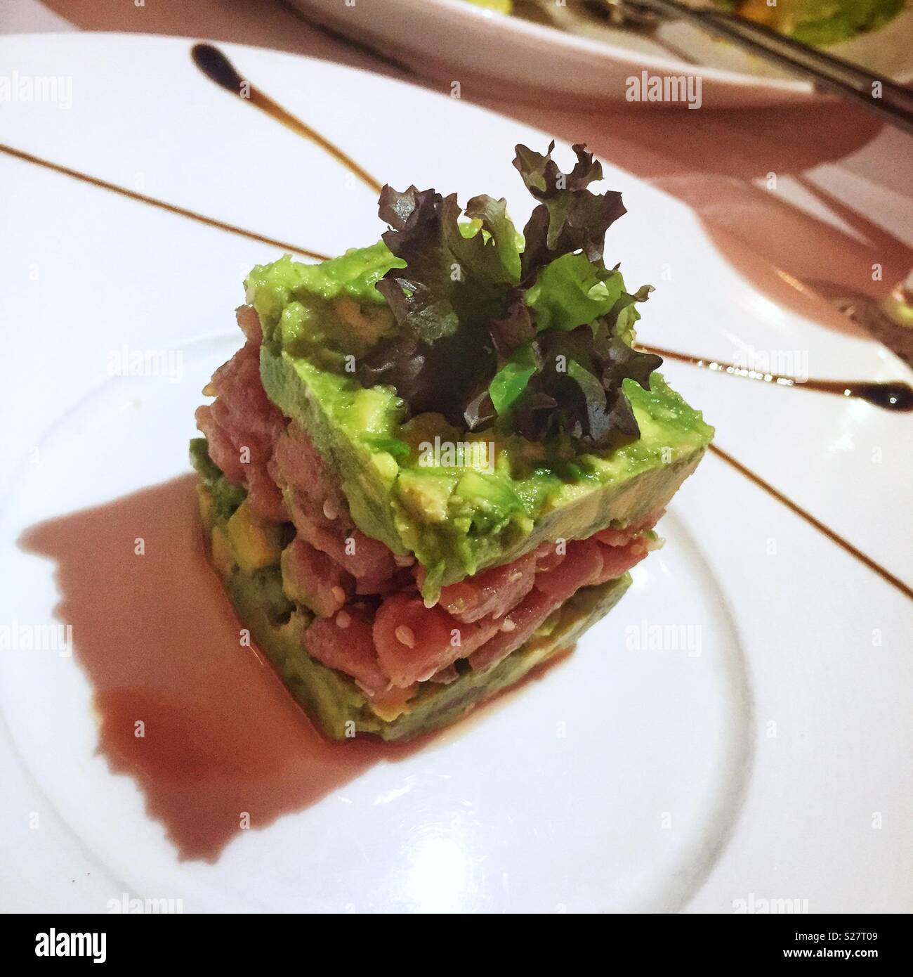Tuna tartare scented with yuzu juice, lime, white sesame and layers of avocado, an appetizer at Spasso Italian bar and restaurant, Tsim Sha Tsui, Kowloon, Hong Kong - Smartphone Captured Stock Image