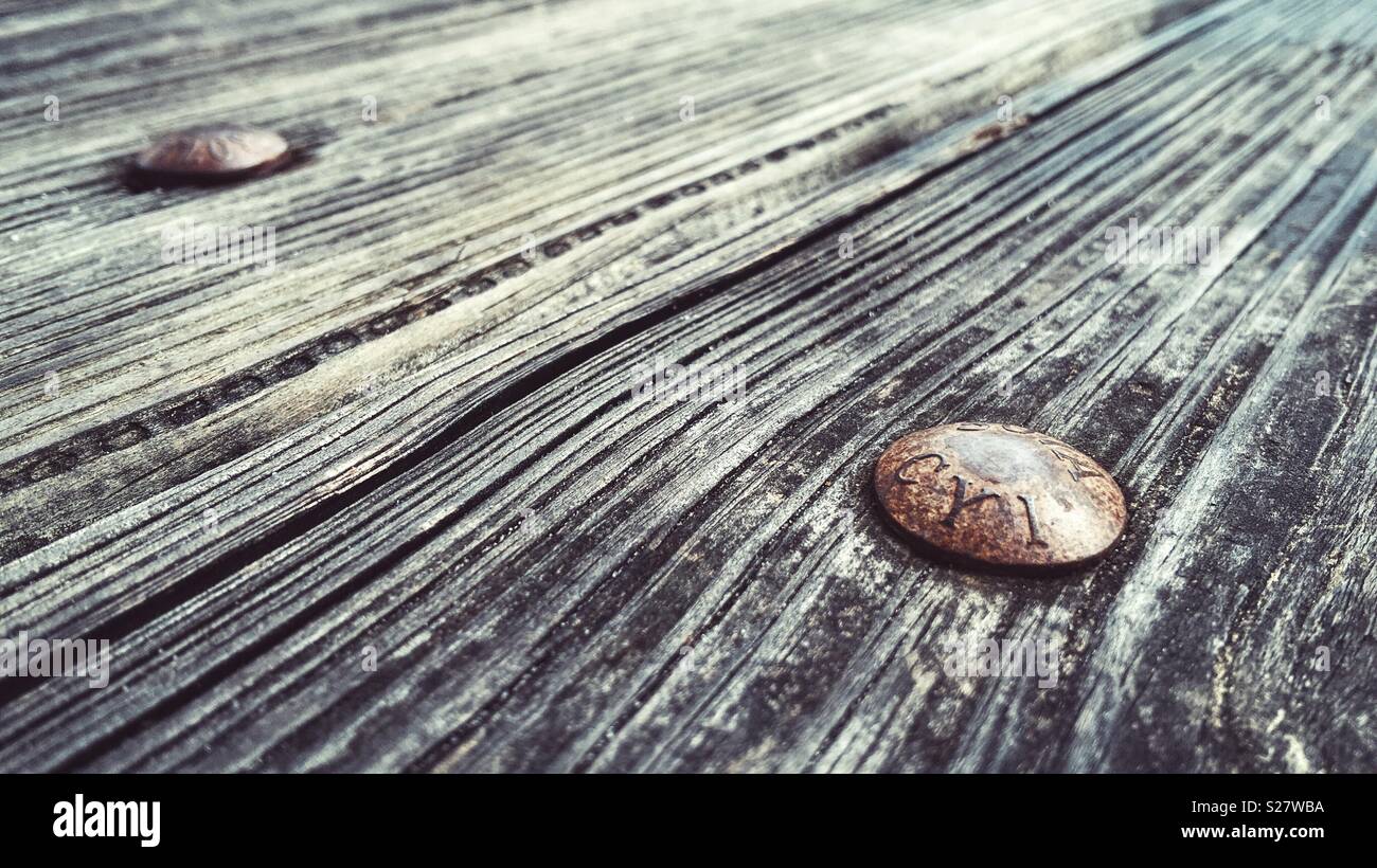 Closeup of wooden table and bolts Stock Photo Alamy