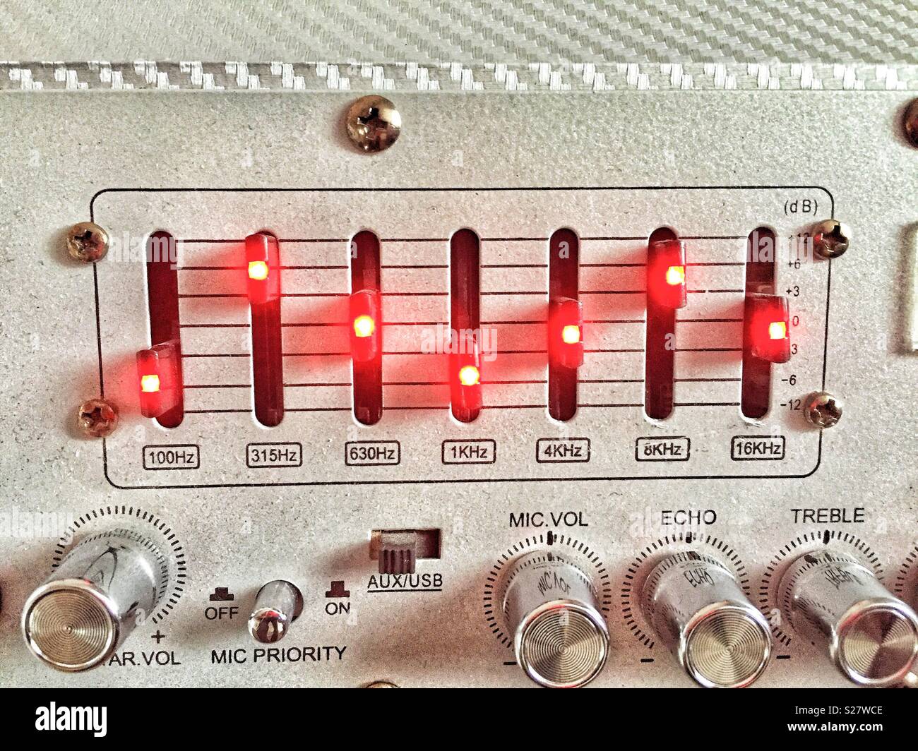 Close up of an illuminated graphic equaliser and control knobs from a karaoke machine. - Smartphone Captured Stock Image