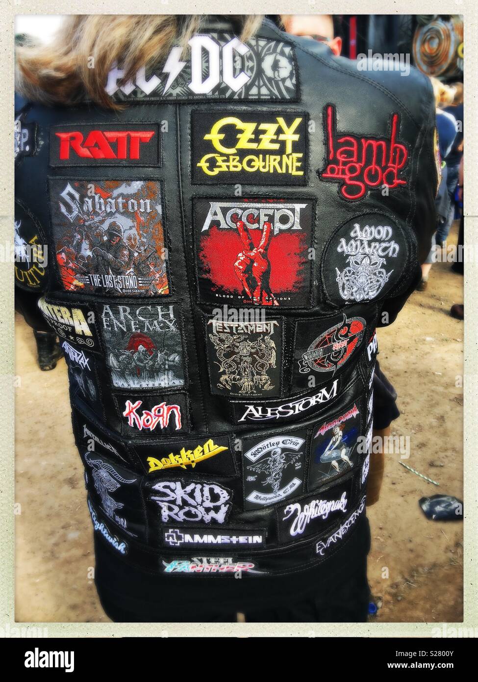 Patches on Leather Jacket at Metal Festival Stock Photo
