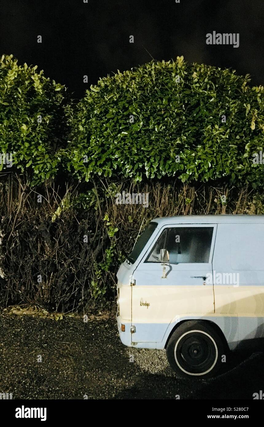 Dodge van parked in front of a tall hedge at night Stock Photo
