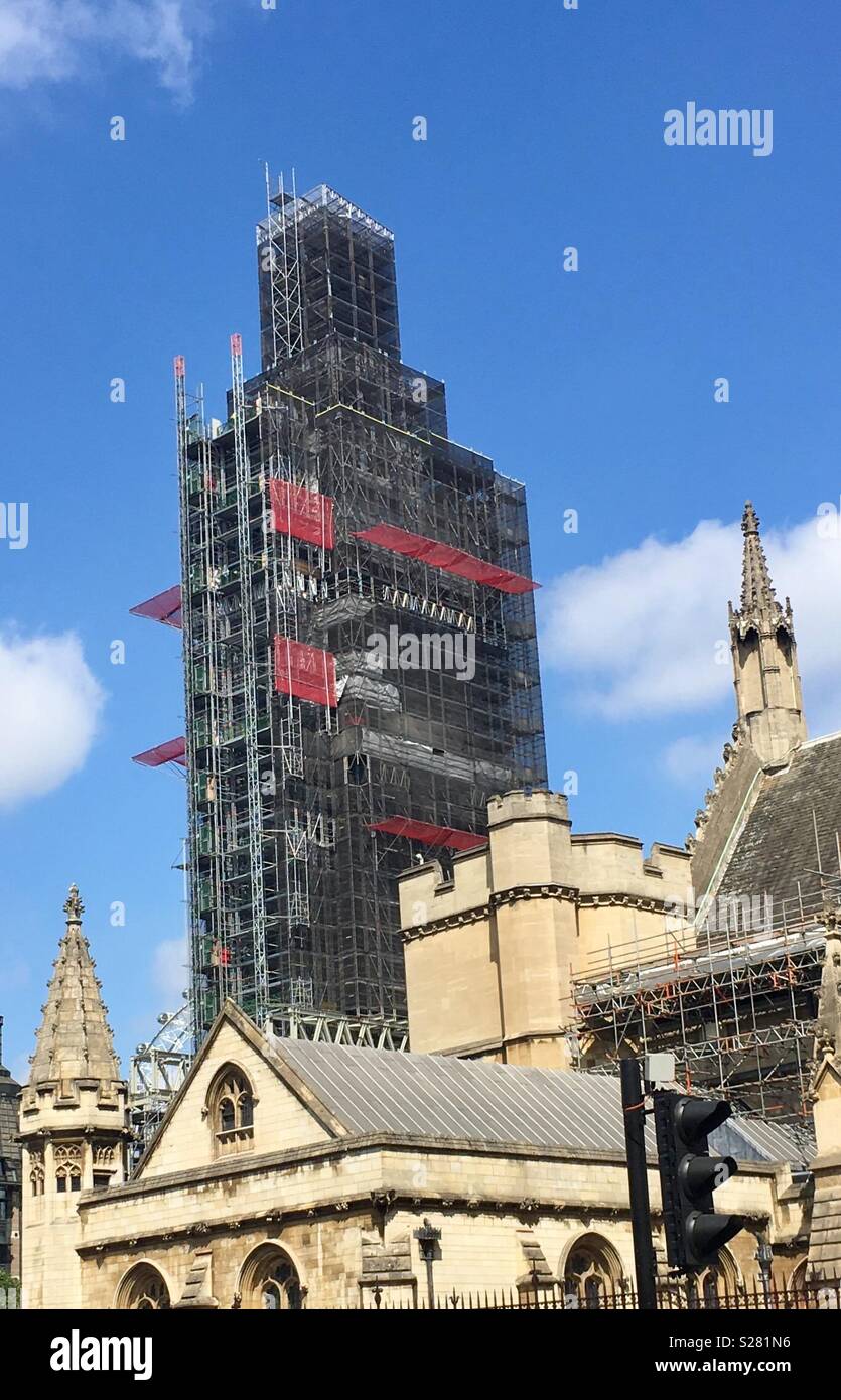 Big Ben (Elizabeth Tower) at the Houses of Parliament (Palace of Westminster) under maintenance - 2018 - Smartphone Captured Stock Image