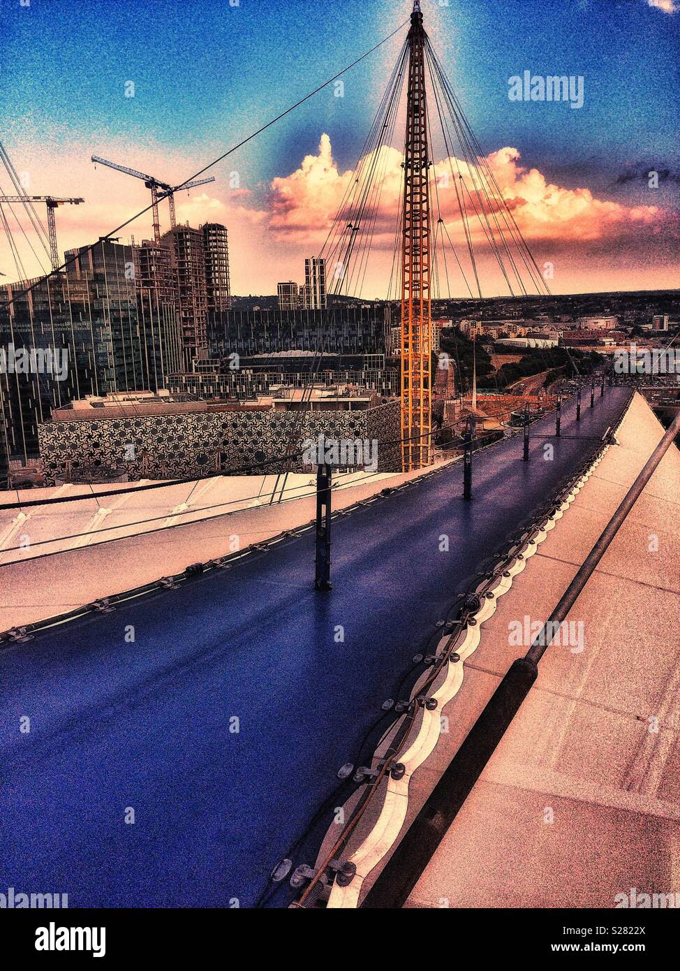 “Up at the O2” roof walkway and urban panorama, O2 arena, Greenwich, London - Smartphone Captured Stock Image