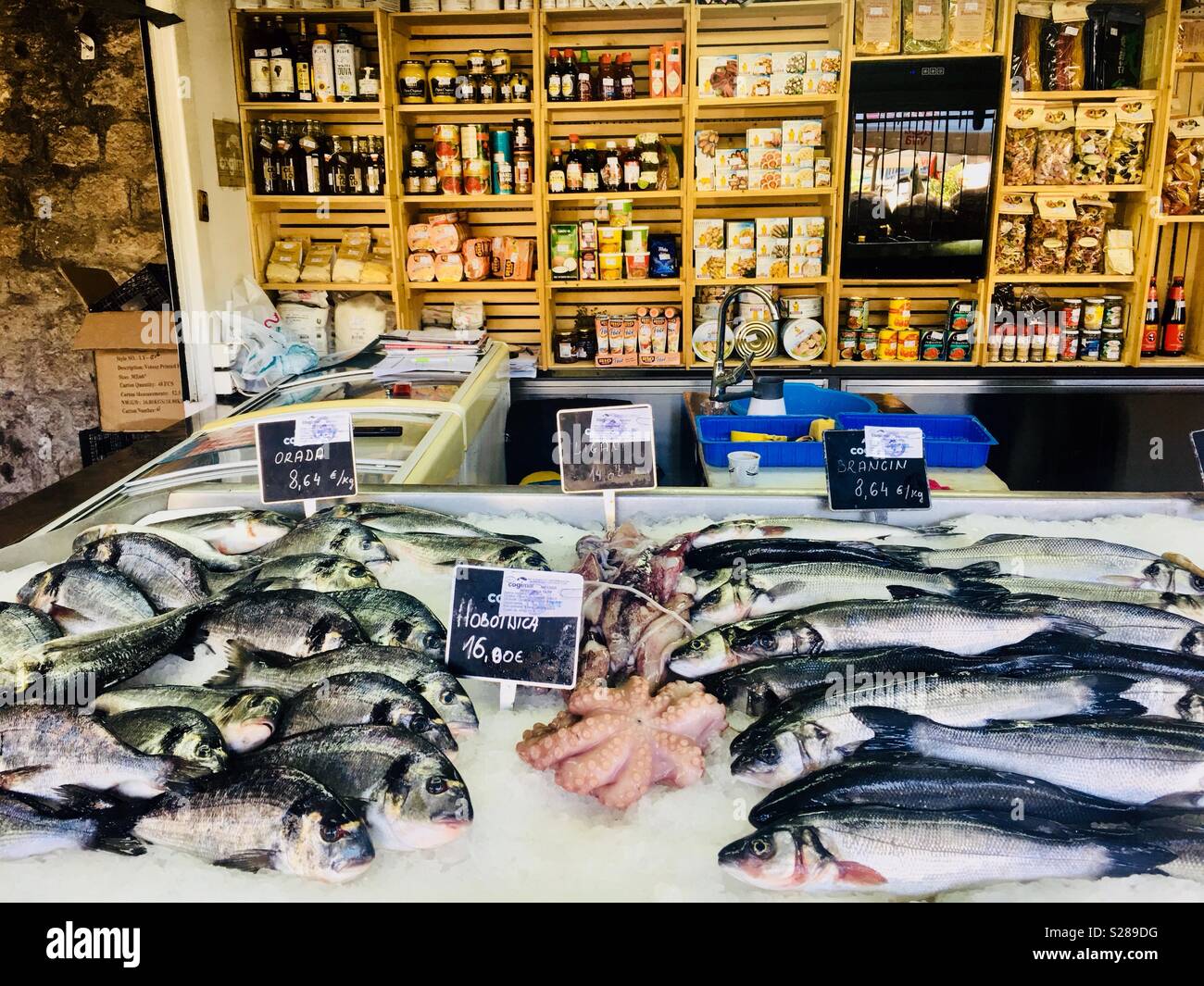 A colourful fish shop at the Kotor market in Montenegro. Stock Photo