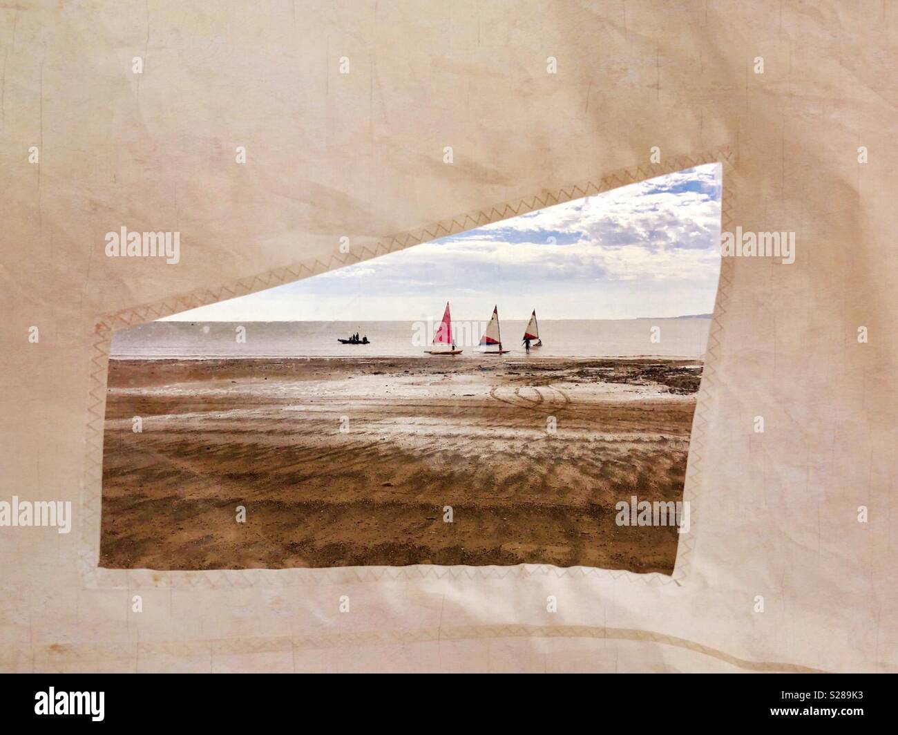 Launch of 3 sailing boats, viewed through a transparent, plastic window in a sail - Smartphone Captured Stock Image