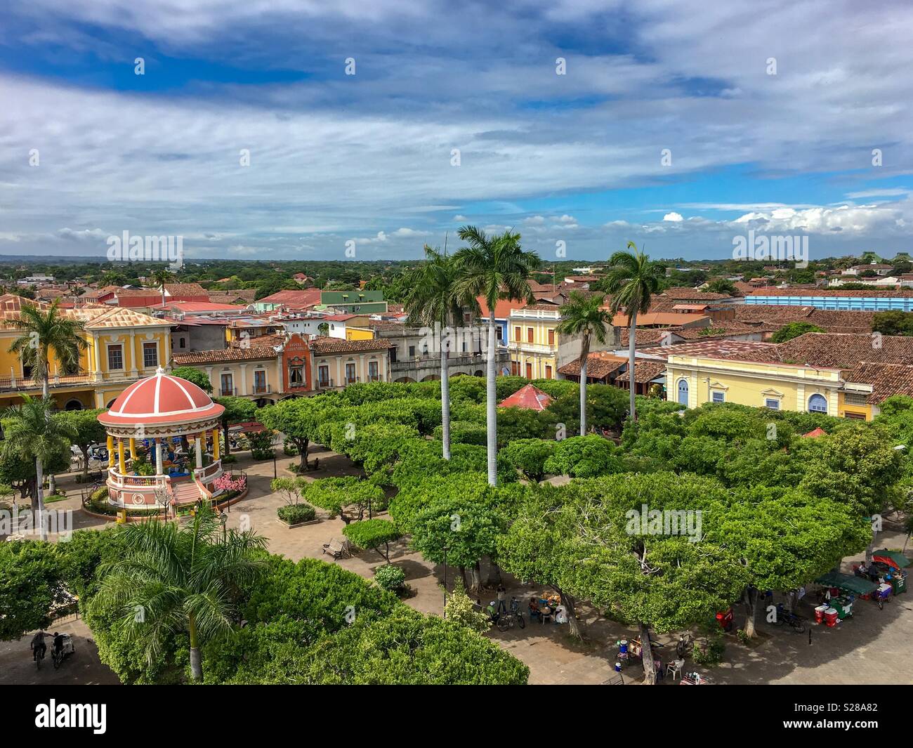 Overlooking the Central Park plaza from the cathedral of Granada, Nicaragua, Central America Stock Photo