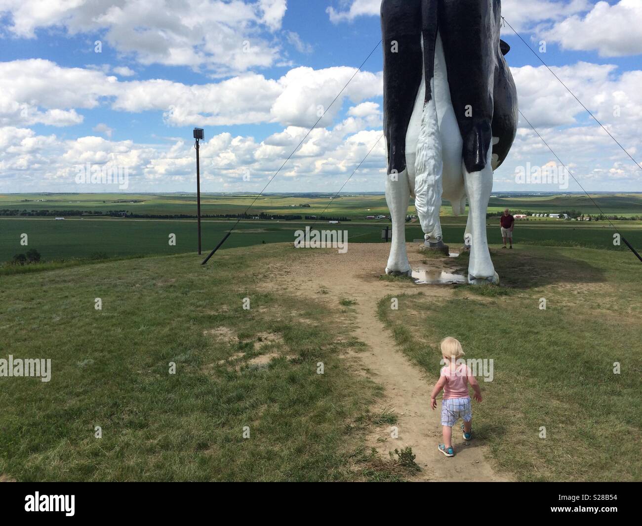 Child toddling towards giant cow statue (New Salem Sue) as grandparent