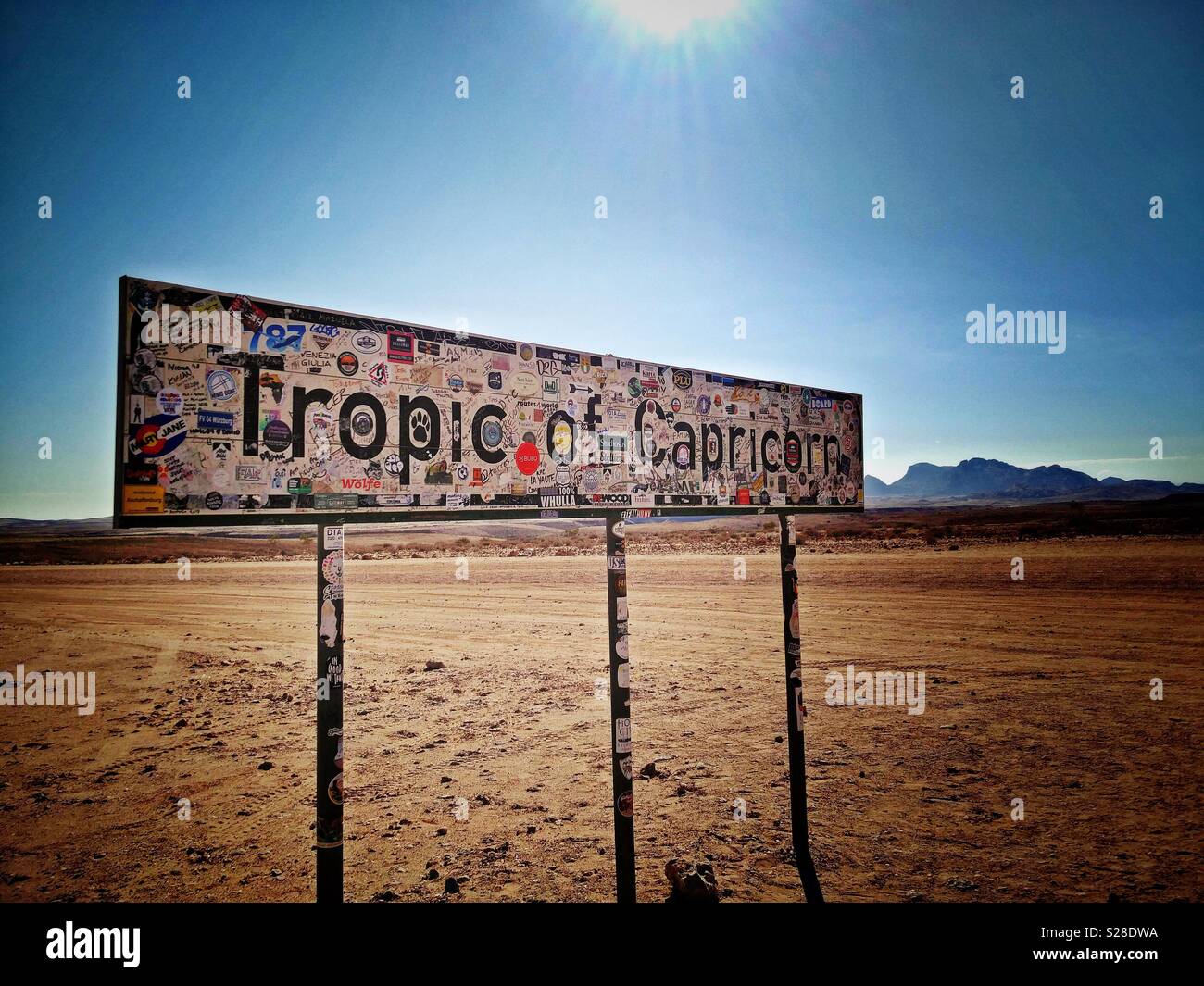 Tropic of Capricorn Sign in Namibia. Stock Photo