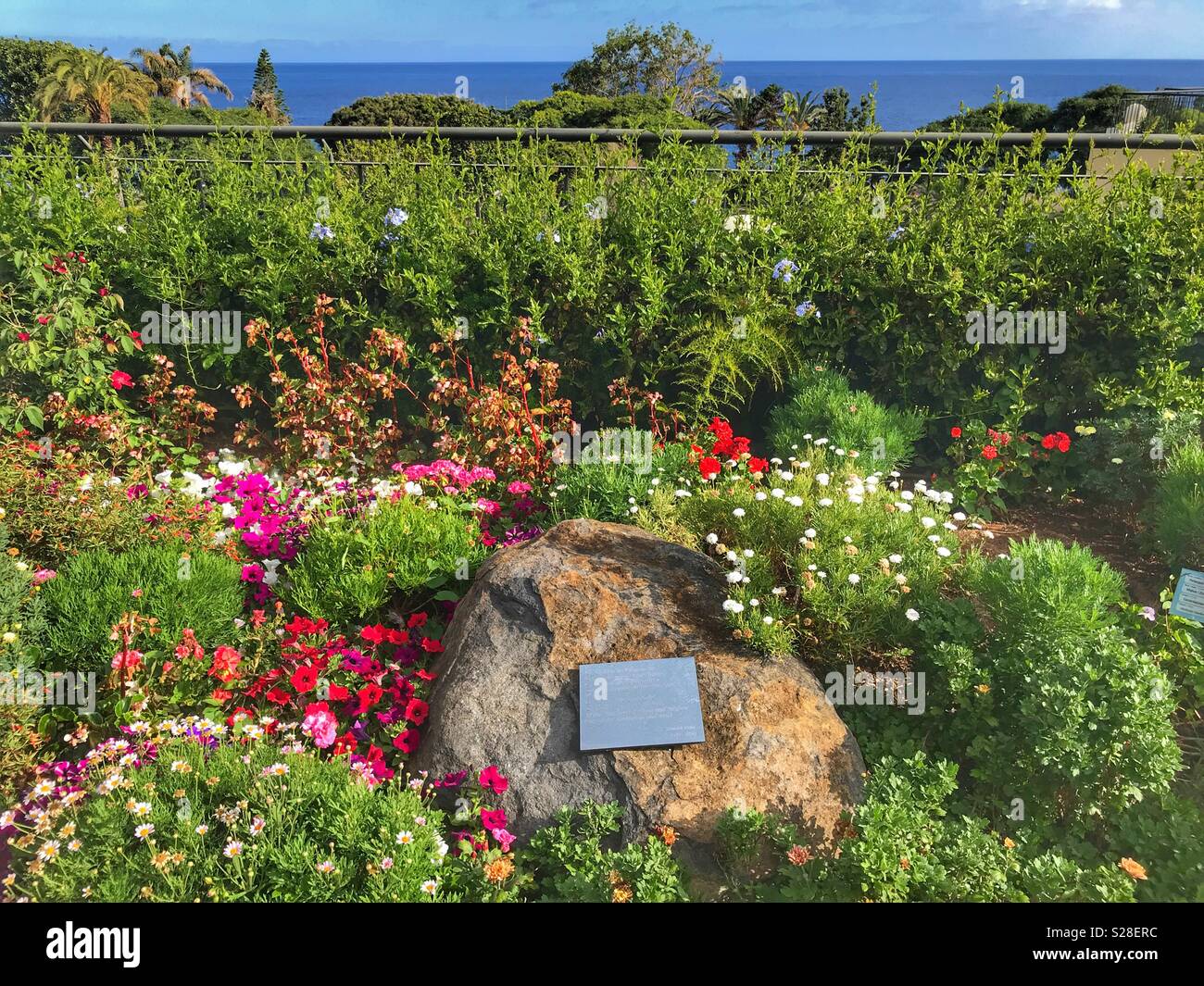 View to the sea from the beautiful gardens of the PortoBay Hotel Resort, Funchal, Madeira, Portugal Stock Photo