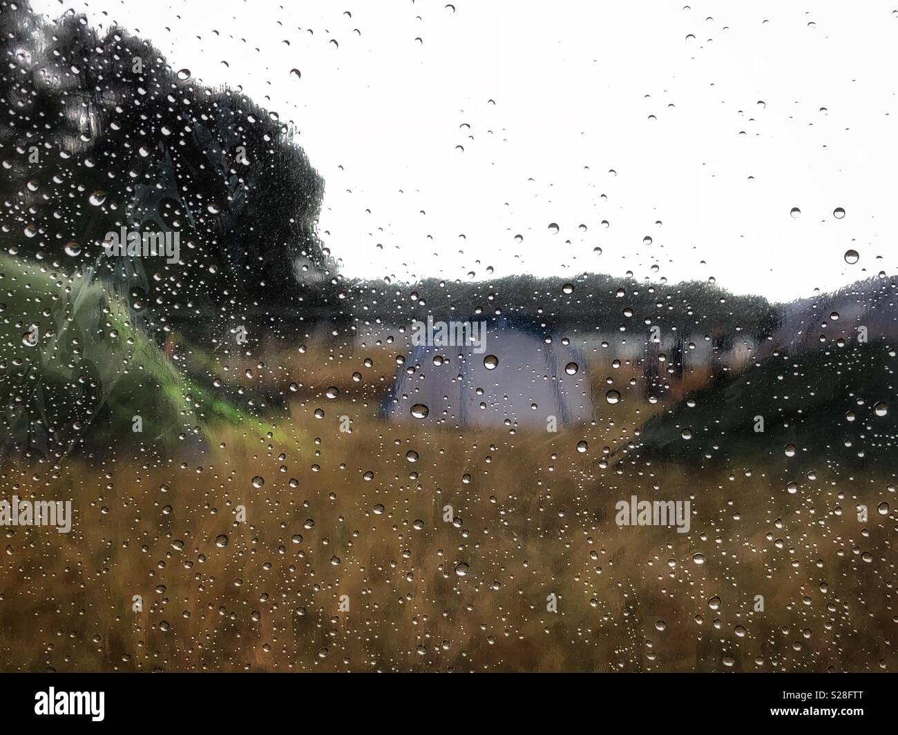 Looking at rain through a tent window as summer festivals and campsites are a washout at the end of July 2018 with heavy downpours following the heatwave Stock Photo