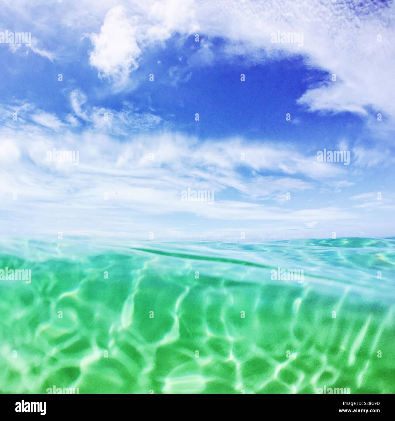 Close up of warm tropical ocean water with blue sky above. Square crop. - Smartphone Captured Stock Image