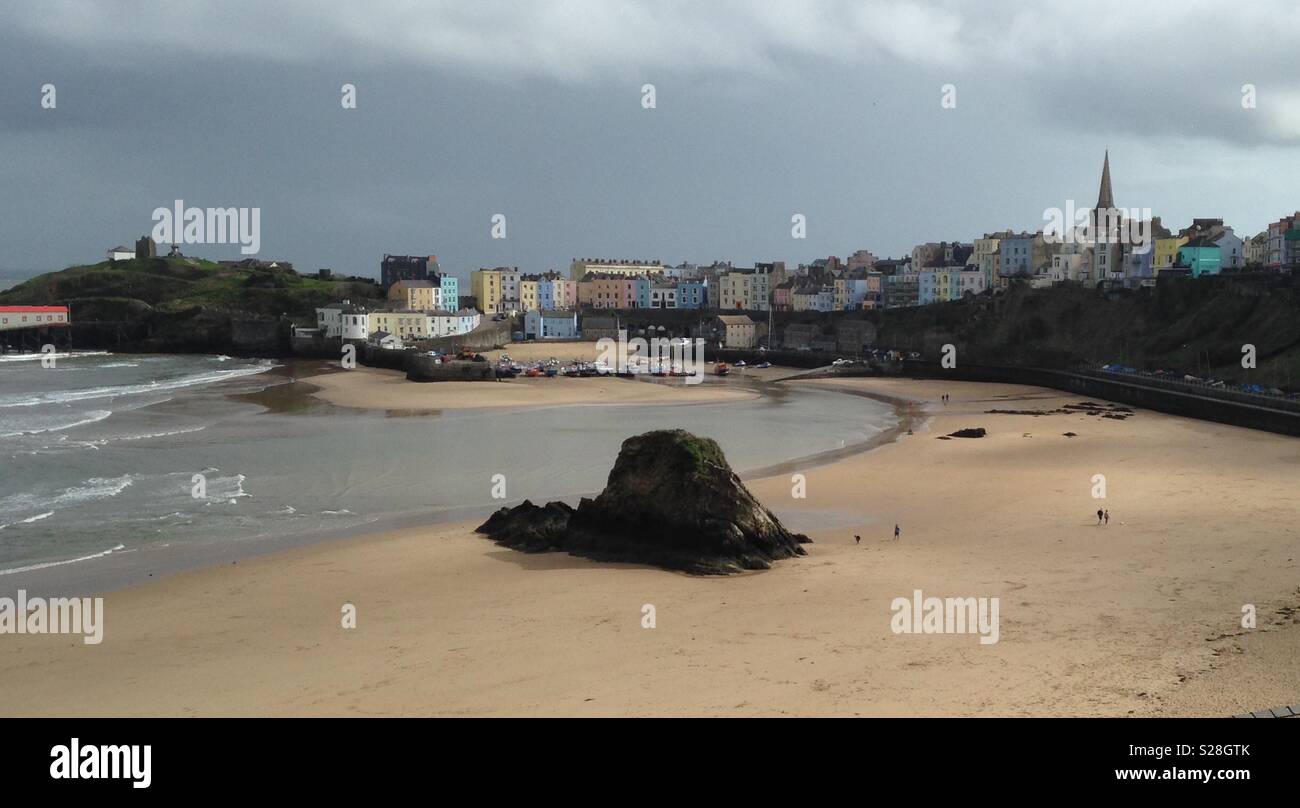 Looking over North Beach and Goscar  Rock towards Tenby harbour - Smartphone Captured Stock Image