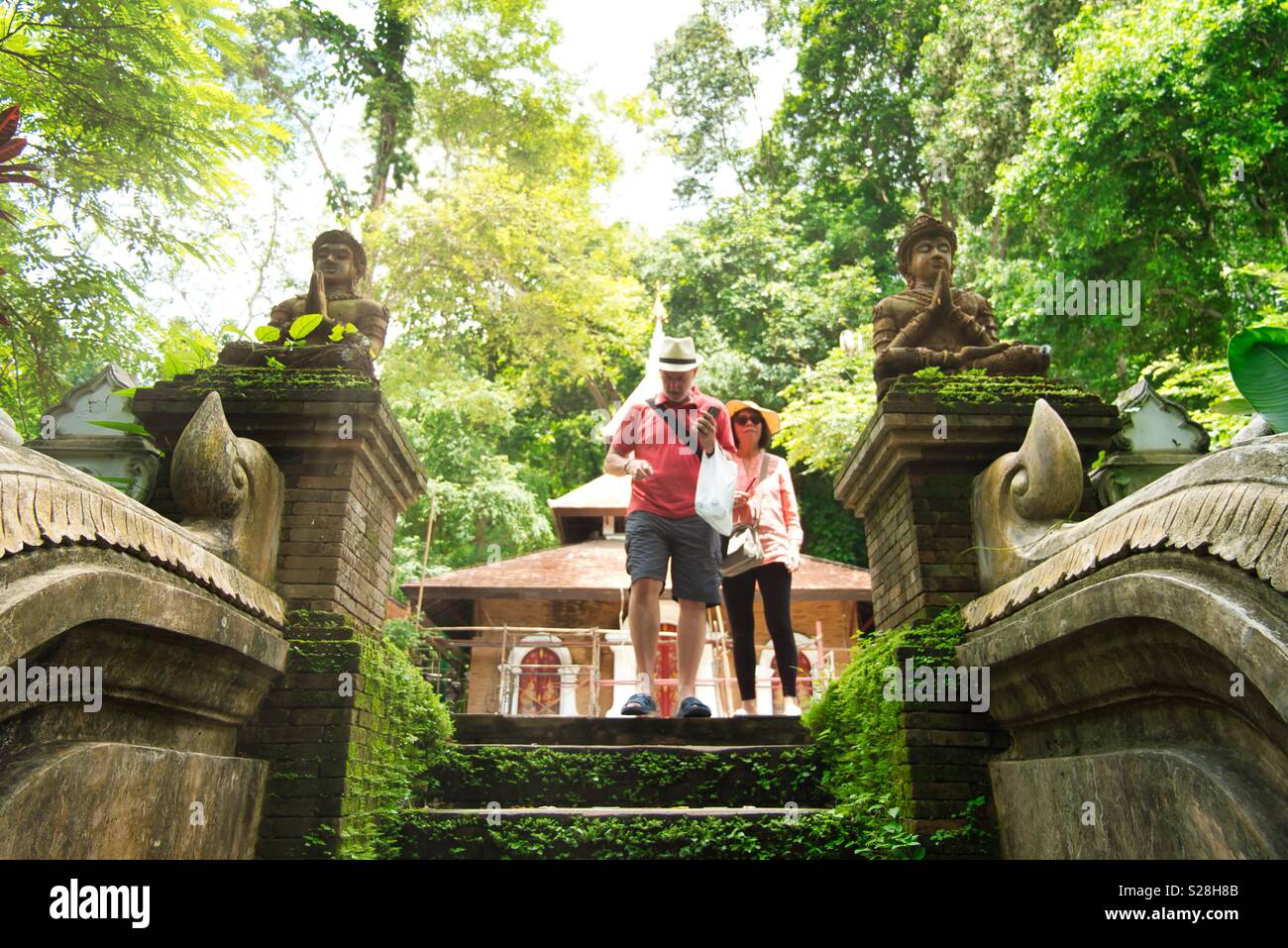 My parents walking through he jungle at Wat Phat Lat on their recent visit to Chiang Mai. Stock Photo