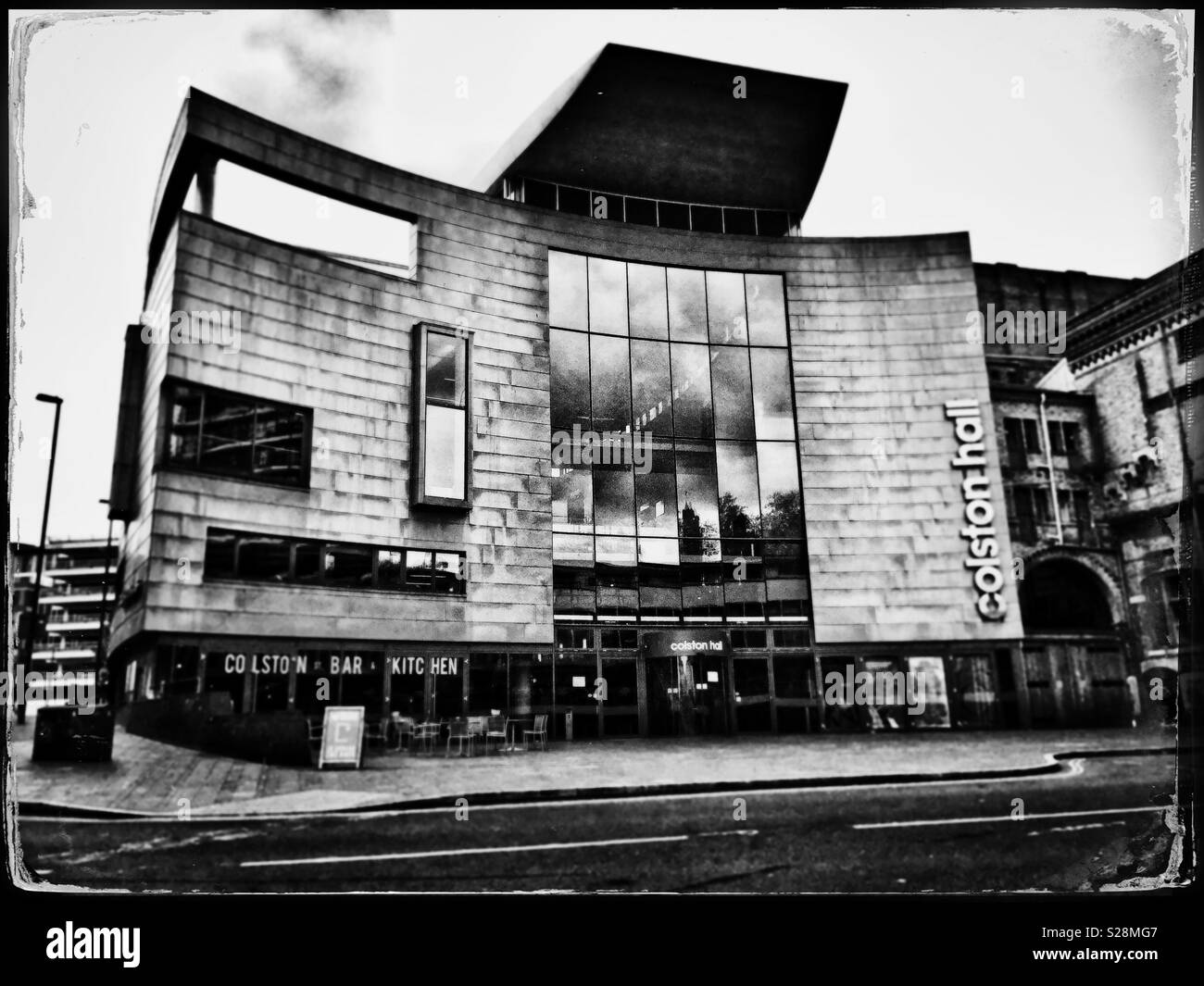 A faux tintype photograph of the Colston Hall, the leading concert venue in Bristol, UK. It has been announced that the hall, which is named after slave trader Edward Colston, is to be renamed. - Smartphone Captured Stock Image