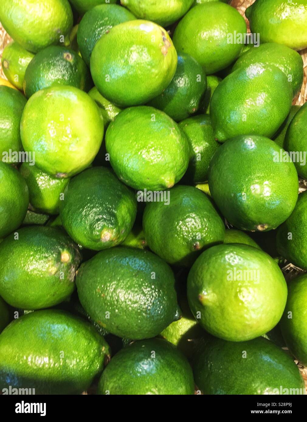 A full frame background of fresh green limes on a market stall - Smartphone Captured Stock Image
