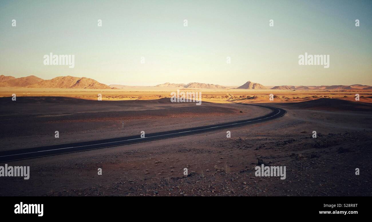 The road to Sossusvlei dunes, Namibia. Vintage look. Landscape format with copyspace. Stock Photo