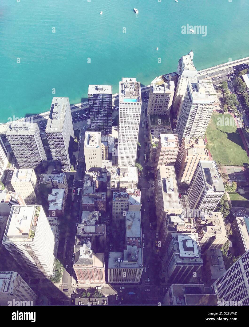 View of Downtown Chicago Rooftops and Lake Michigan from Above Stock