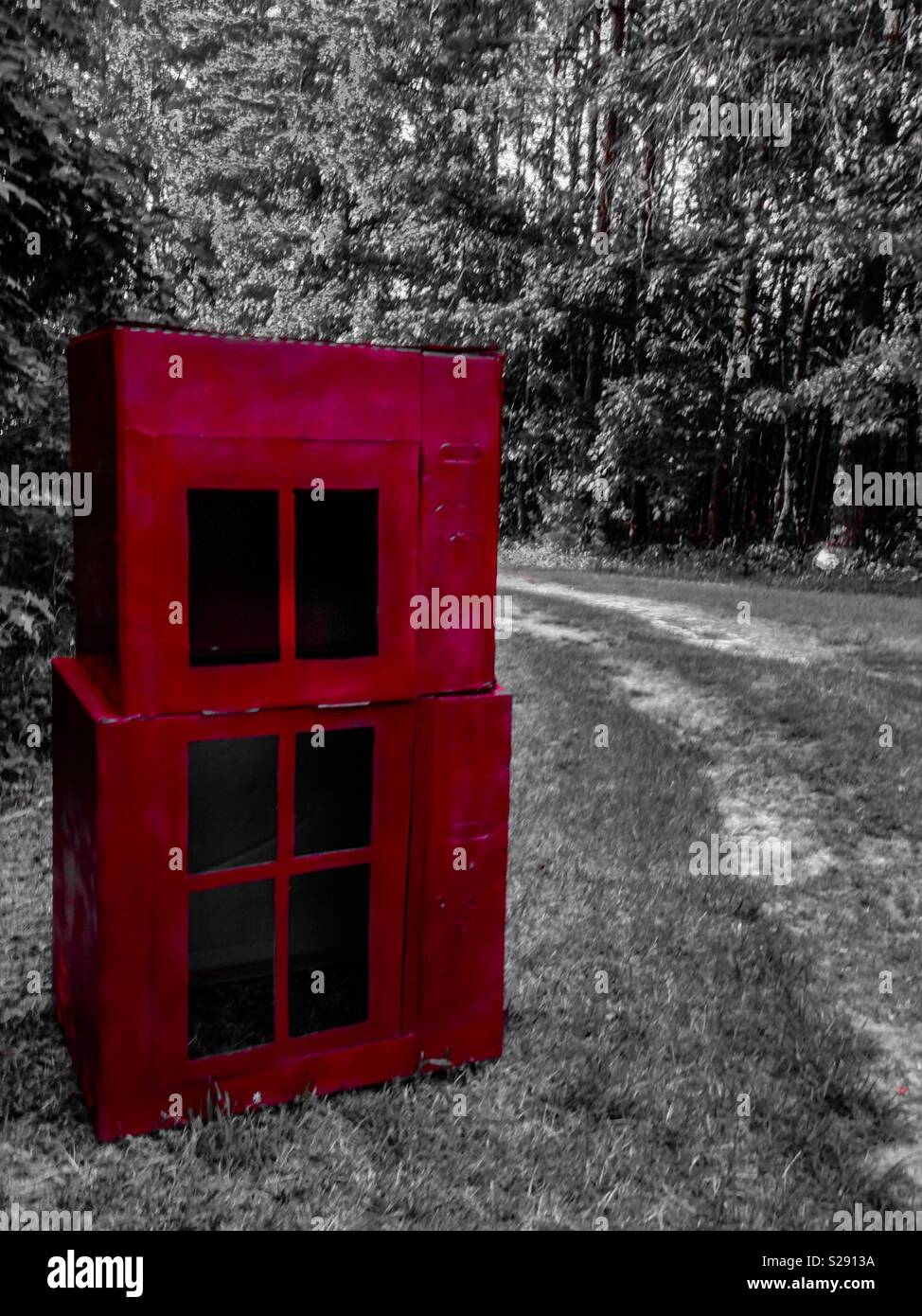 Red color pop photo of telephone booth made of TV boxes for Vacation Bible School - Smartphone Captured Stock Image