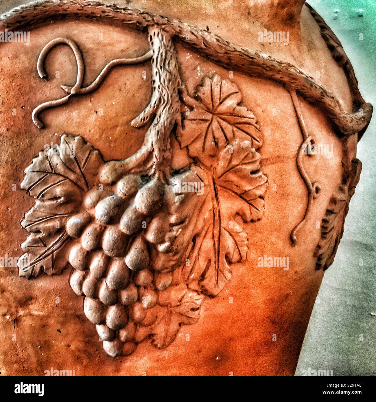 Bunch of grapes and vine leaves decorating a terracotta urn in Blandy’s Wine Lodge, Madeira Stock Photo