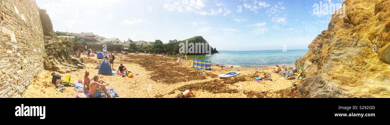 Panoramic photo of Mouthwell beach, Hope Cove, Kingsbridge, Devon, United Kingdom. - Smartphone Captured Stock Image