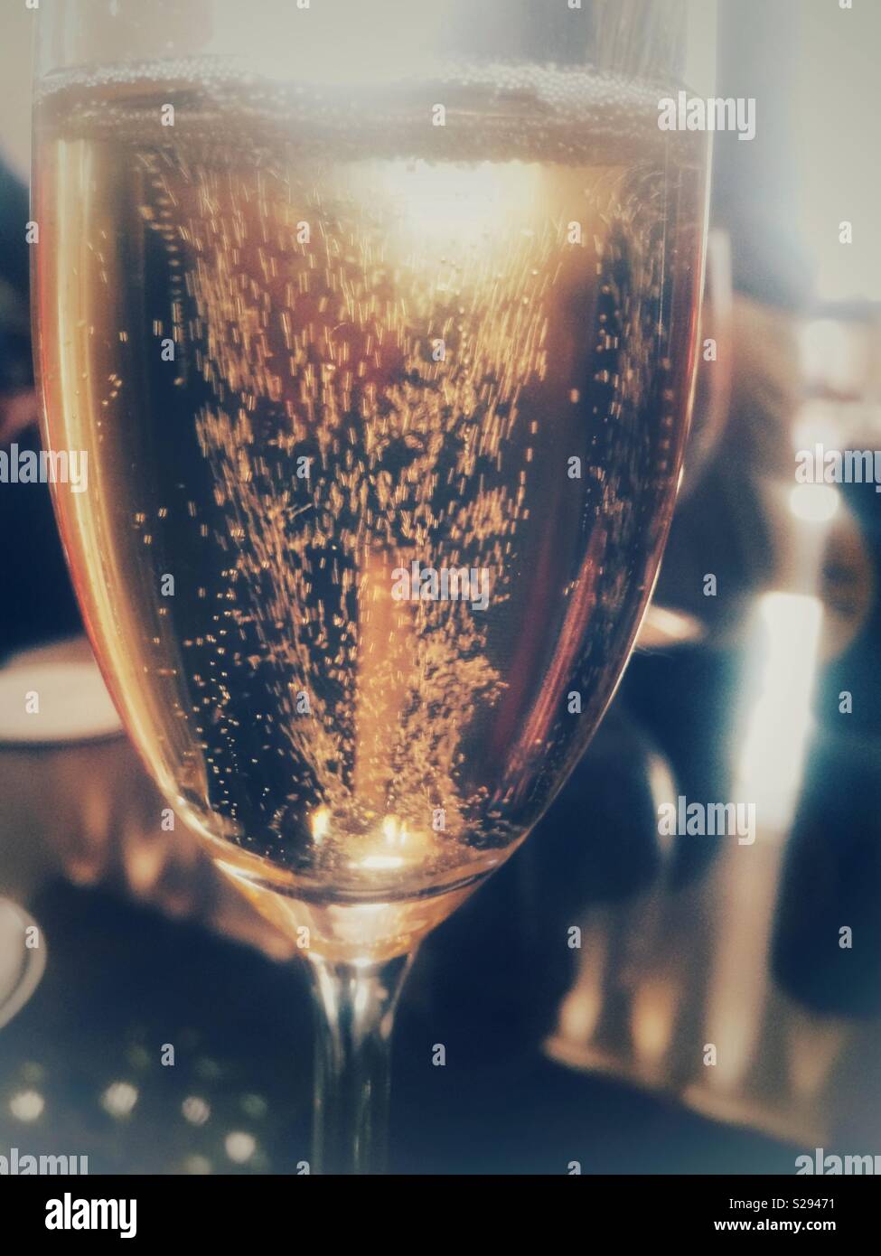 Champagne or sparkling wine bubbles rising in a freshly poured glass standing on a table waiting to be drunk Stock Photo