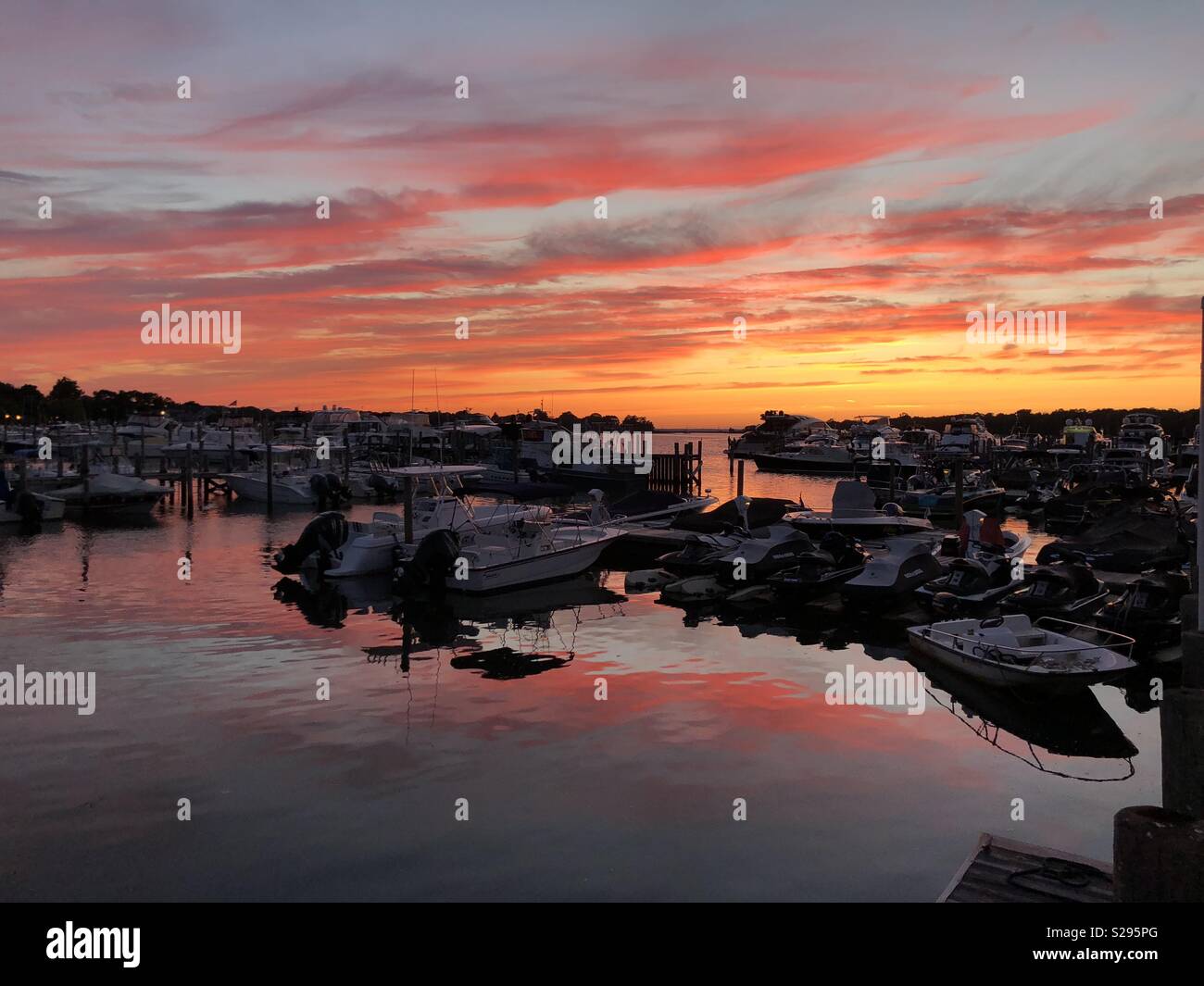 Sunset in Marina Sag Harbor Stock Photo