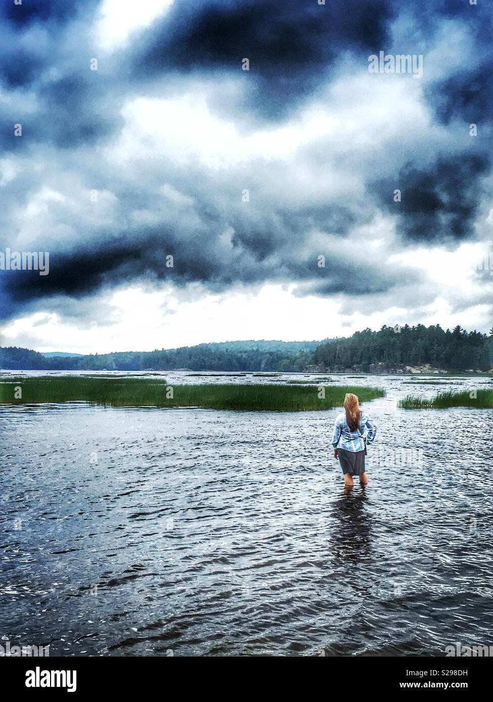 Woman wading into a lake upstate New York USA - Smartphone Captured Stock Image