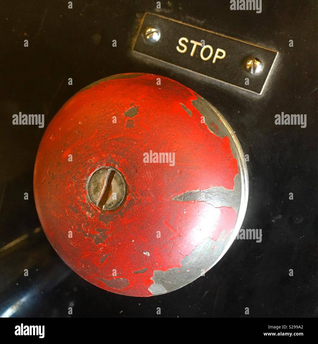 Emergency Stop button, a big red stop push button in the 1950’s Stratosphere Chamber in the Vickers Armstrong factory at Brooklands Museum Stock Photo