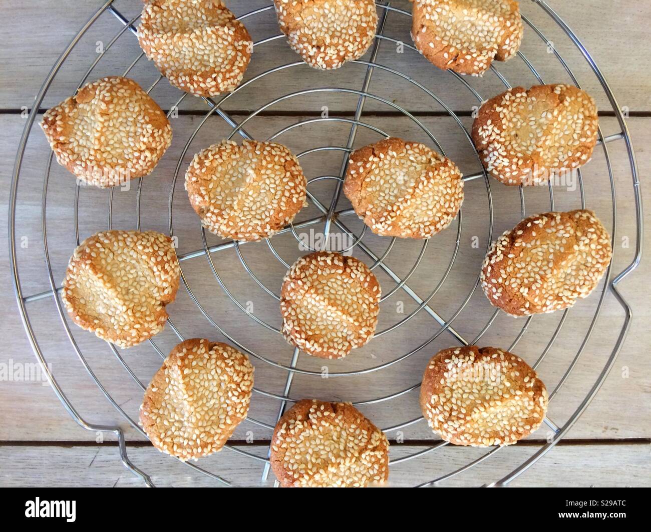 Closeup of tahini & sesame biscuits on a cooling rack - Smartphone Captured Stock Image