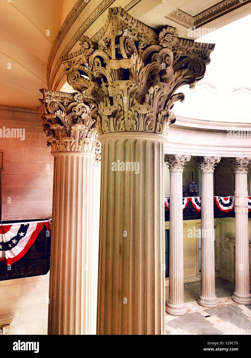 Columns in the rotunda inside of federal hall, financial district, NYC, USA - Smartphone Captured Stock Image