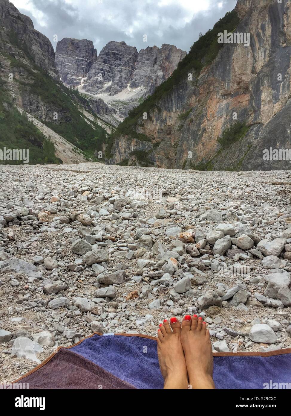 Relax during a Summer day in the mountains. View of Mount Cristallo, Italy. - Smartphone Captured Stock Image