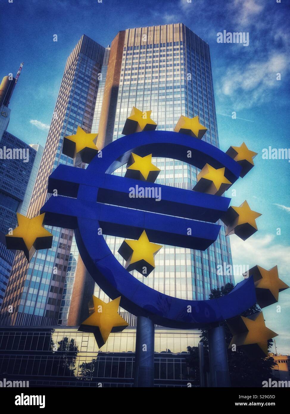 Euro symbol. Euro tower in Frankfurt-am-Main, Germany - Smartphone Captured Stock Image