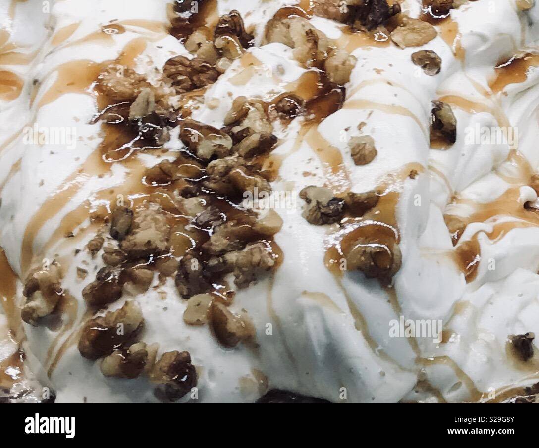 Cream, caramel and walnuts ice cream Stock Photo