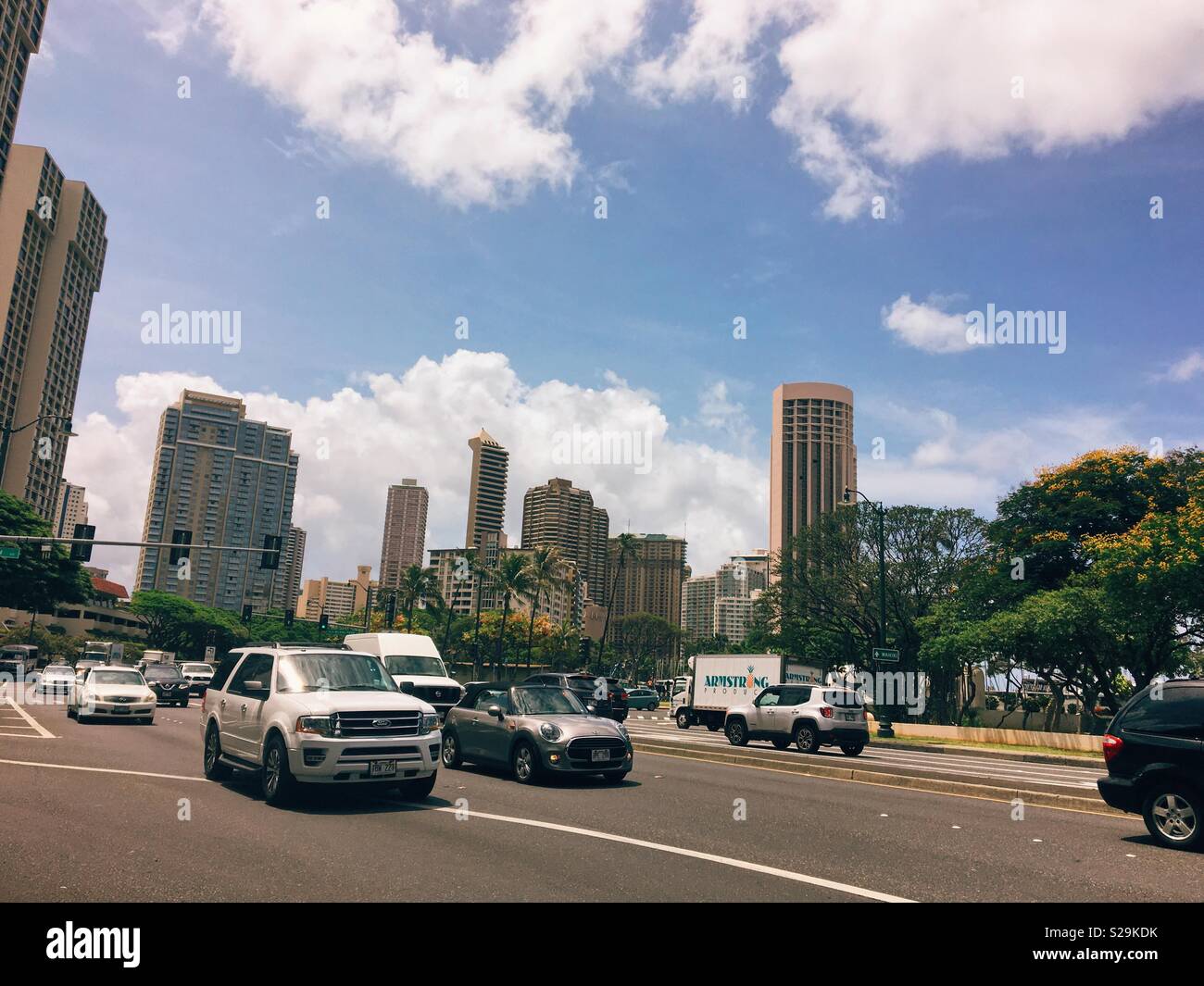 Honolulu traffic on a sunny day. July 2018. - Smartphone Captured Stock Image