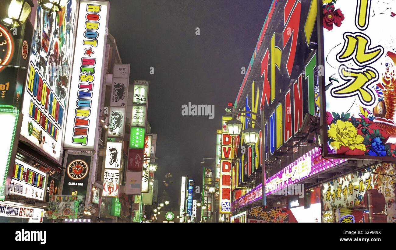 Neon lights of Kabuki-Cho in Shinjuku, Tokyo nearby the Robot Restaurant Stock Photo