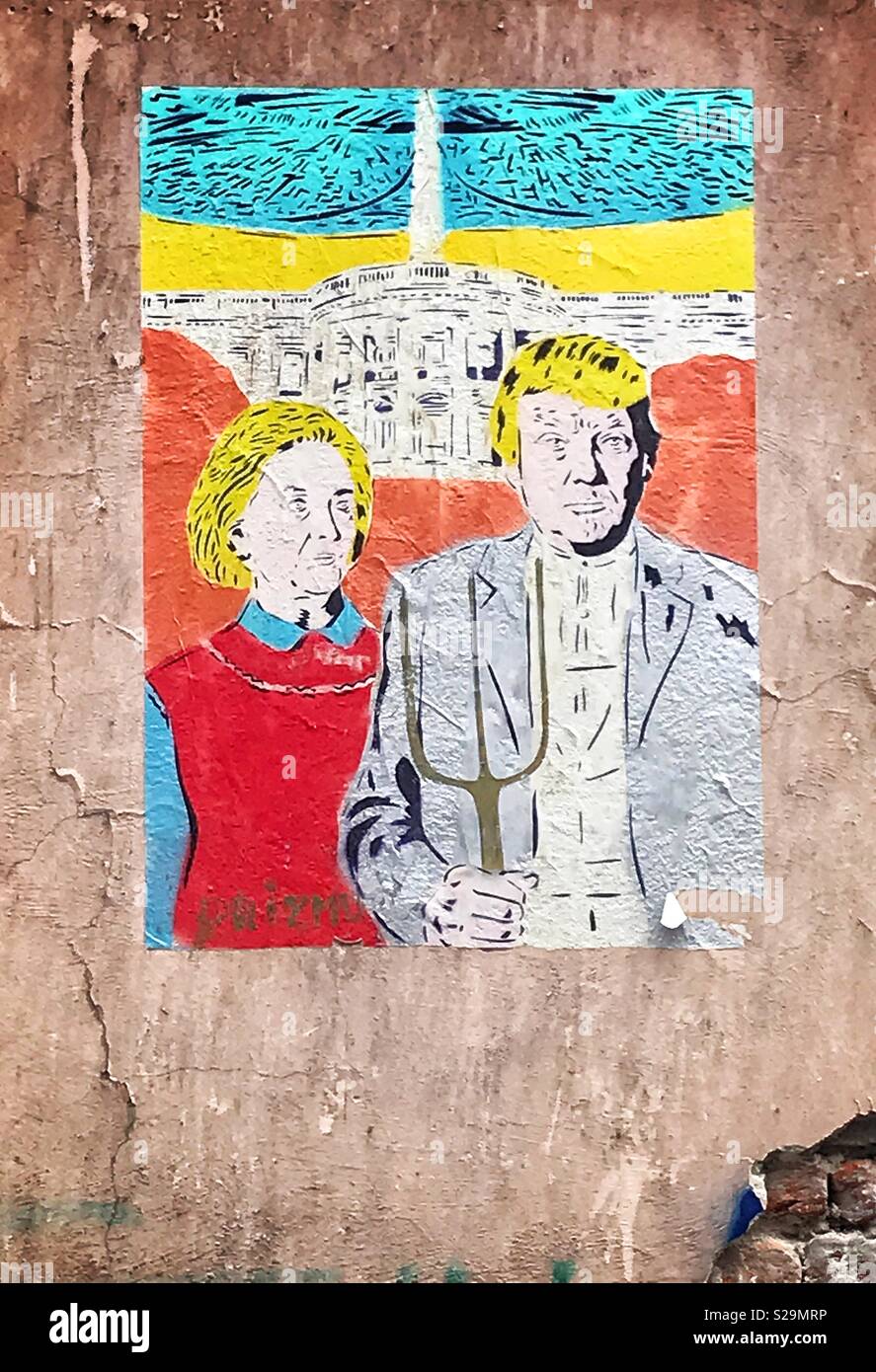 Spoof poster art depicting Hillary Clinton and Donald Trump as the couple in the iconic painting American Gothic in front of the White House - Smartphone Captured Stock Image